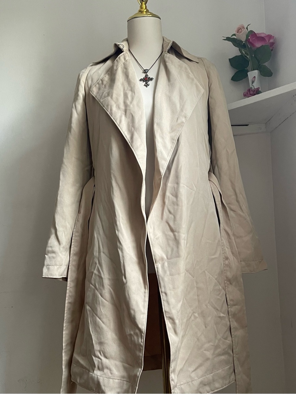 Babaton Beige Open-Front Draped Trench Coat